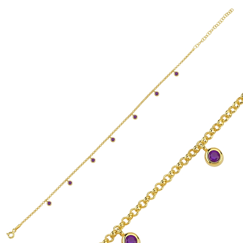 Amethyst%20CZ%20Dangle%20Rolo%20Chain%20Charm%20Anklet-Gold%20Plated