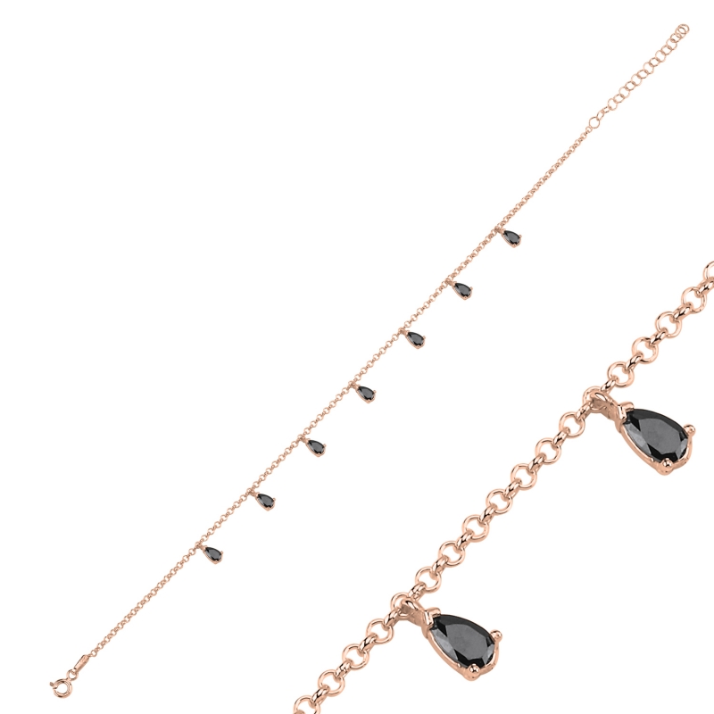 Black%20CZ%20Dangle%20Rolo%20Chain%20Charm%20Anklet-Rose%20Gold%20Plated