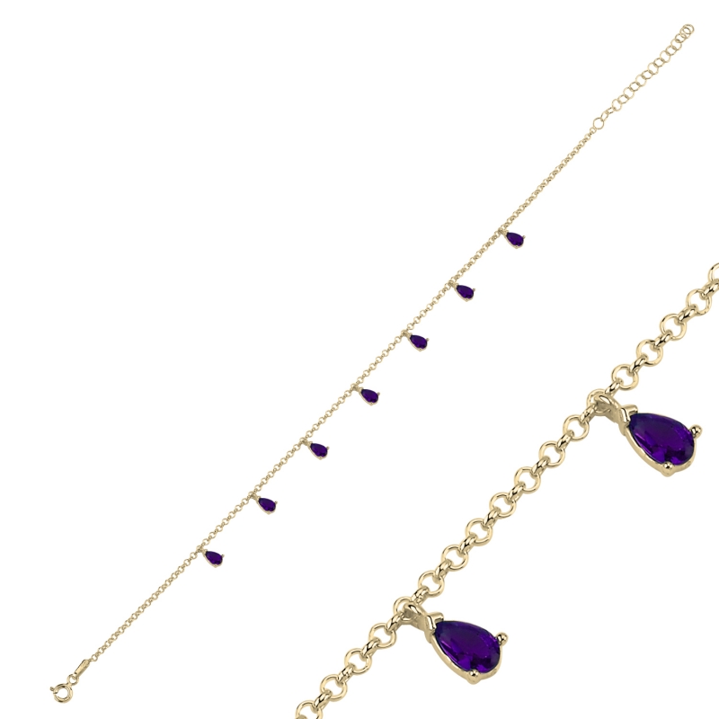 Amethyst%20CZ%20Dangle%20Rolo%20Chain%20Charm%20Anklet-Gold%20Plated