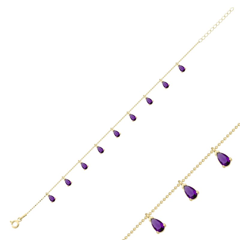 Teardrop%20Amethyst%20CZ%20Dangle%20Charm%20Bracelet-Gold%20Plated