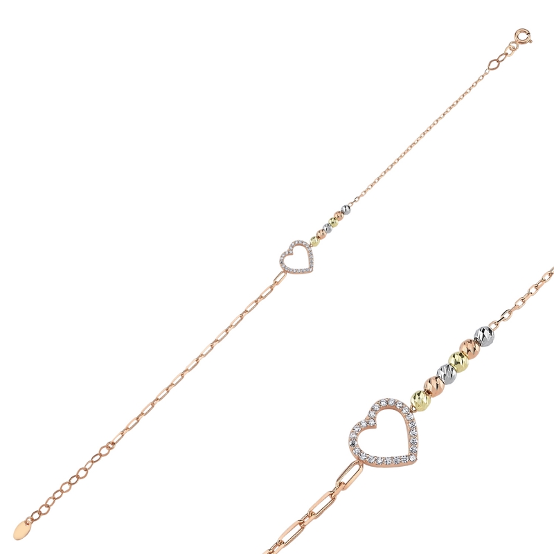 Diamond%20Cut%20Tricolor%20Ball%20&%20Heart%20CZ%20Bracelet-Rose%20Gold%20Plated