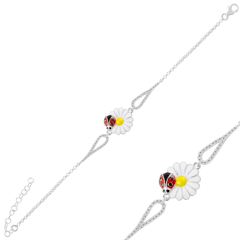 Enamel%20Daisy%20&%20Ladybug%20CZ%20Bracelet-Rodyum%20kaplama