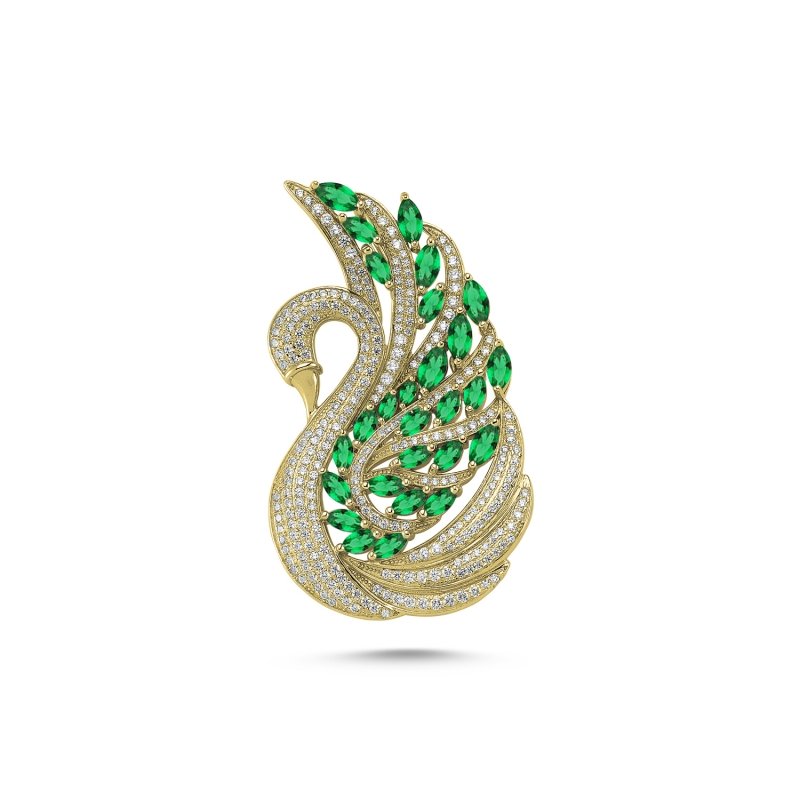 Swan%20Emerald%20CZ%20Brooch-Altın%20kaplama