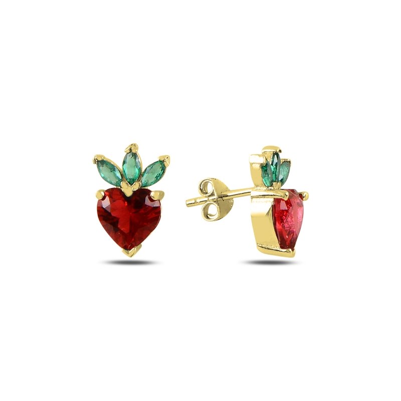 Strawberry%20&%20Heart%20CZ%20Stud%20Earrings%20Gold%20Plated