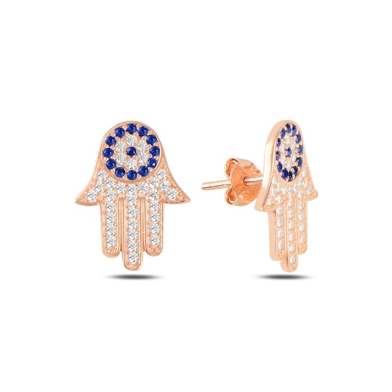 Hamsa%20&%20Nazar%20Zirkon%20Taşlı%20Küpe-Rose%20Altın%20Kaplama%20925%20Ayar%20Gümüş