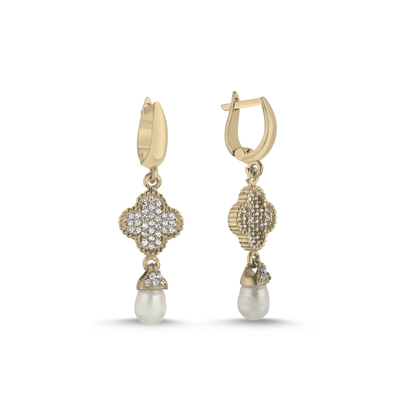 Pearl%20&%20CZ%20Quatrefoil%20Huggie%20Hoop%20Earrings%20Gold%20Plated