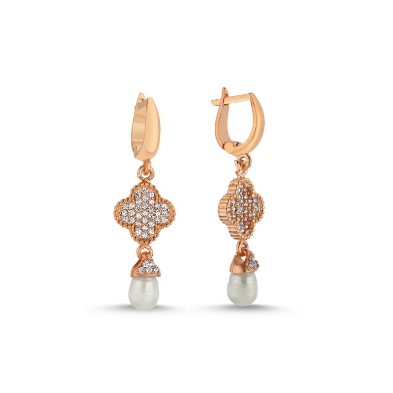 Pearl%20&%20CZ%20Quatrefoil%20Huggie%20Hoop%20Earrings%20Rose%20Gold%20Plated