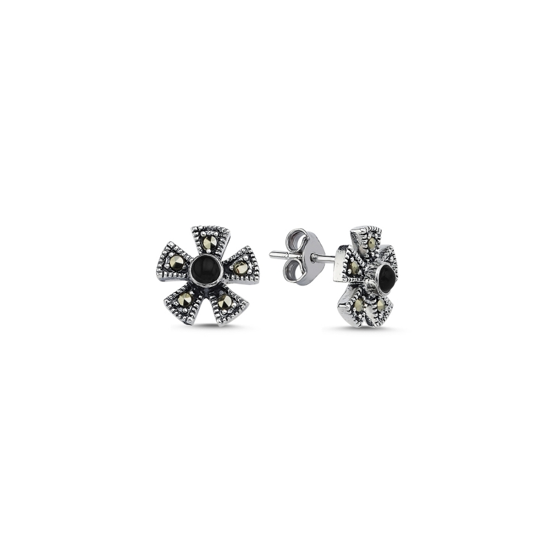 Marcasite%20&%20Onyx%20Flower%20Stud%20Earrings