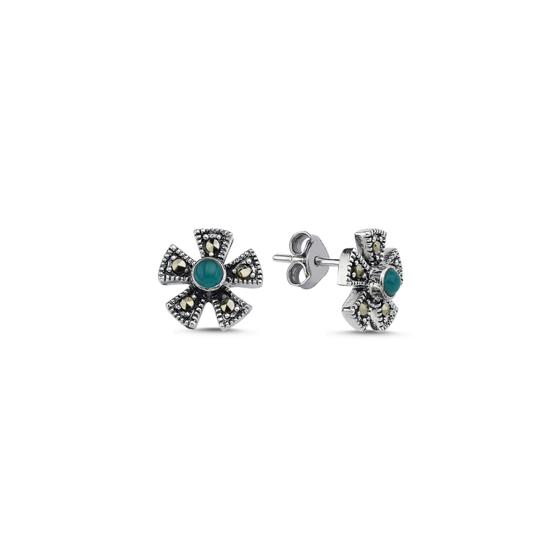 Marcasite%20&%20Green%20Agate%20Flower%20Stud%20Earrings