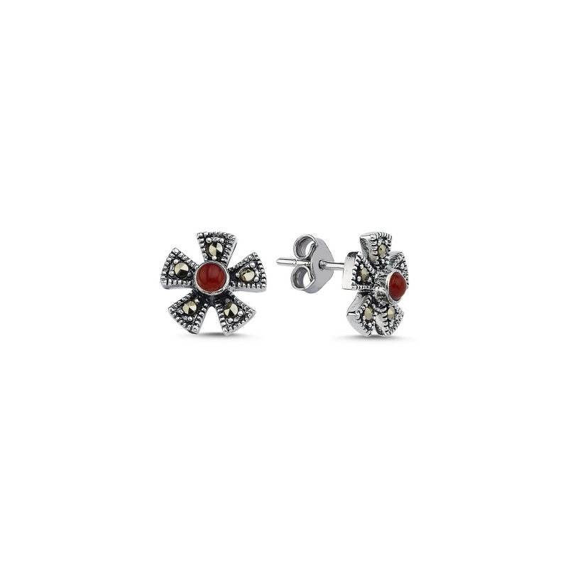 Marcasite%20&%20Red%20Agate%20Flower%20Stud%20Earrings