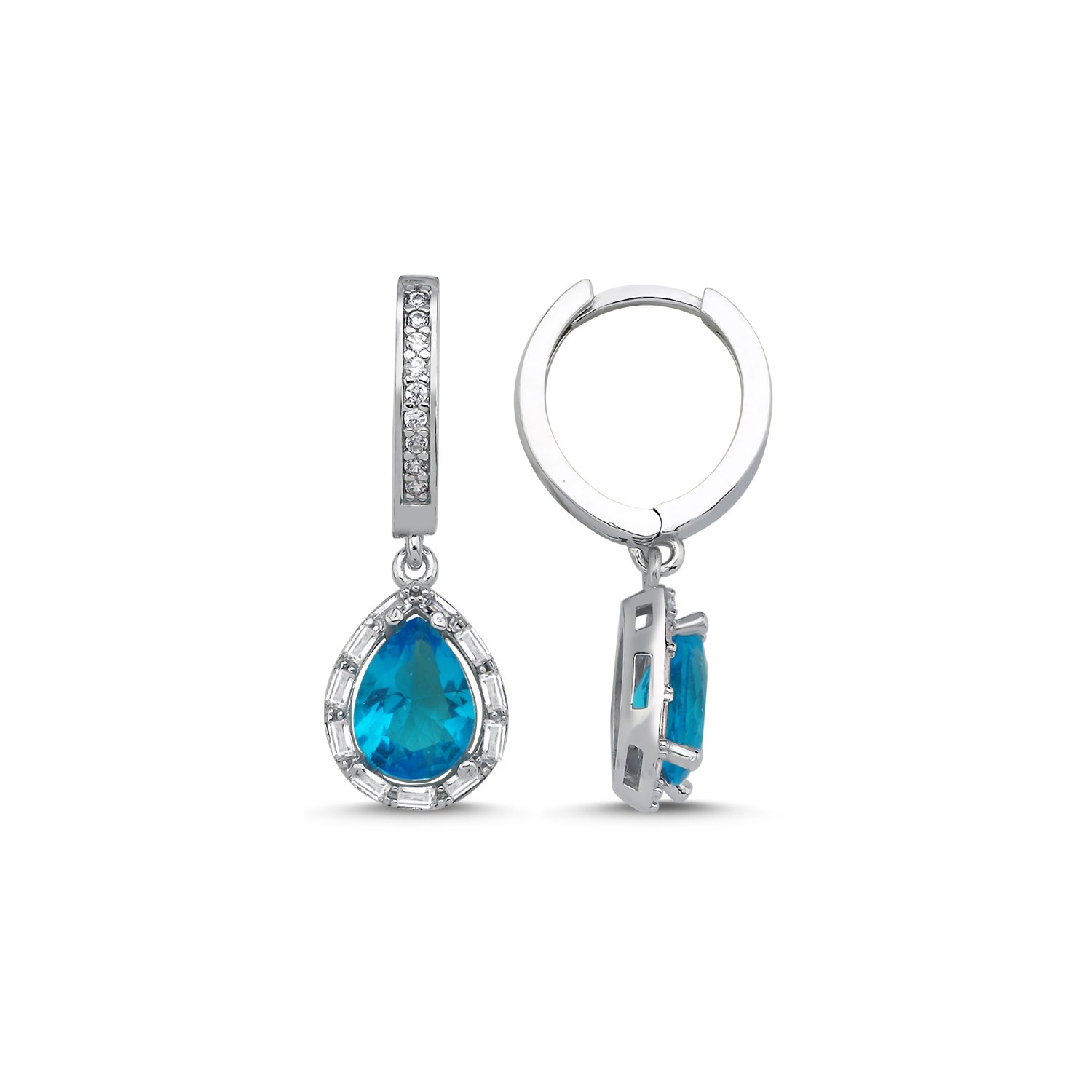 Aquamarine%20Baguette%20CZ%20Teardrop%20&%20Halo%20Huggie%20Hoop%20Earrings