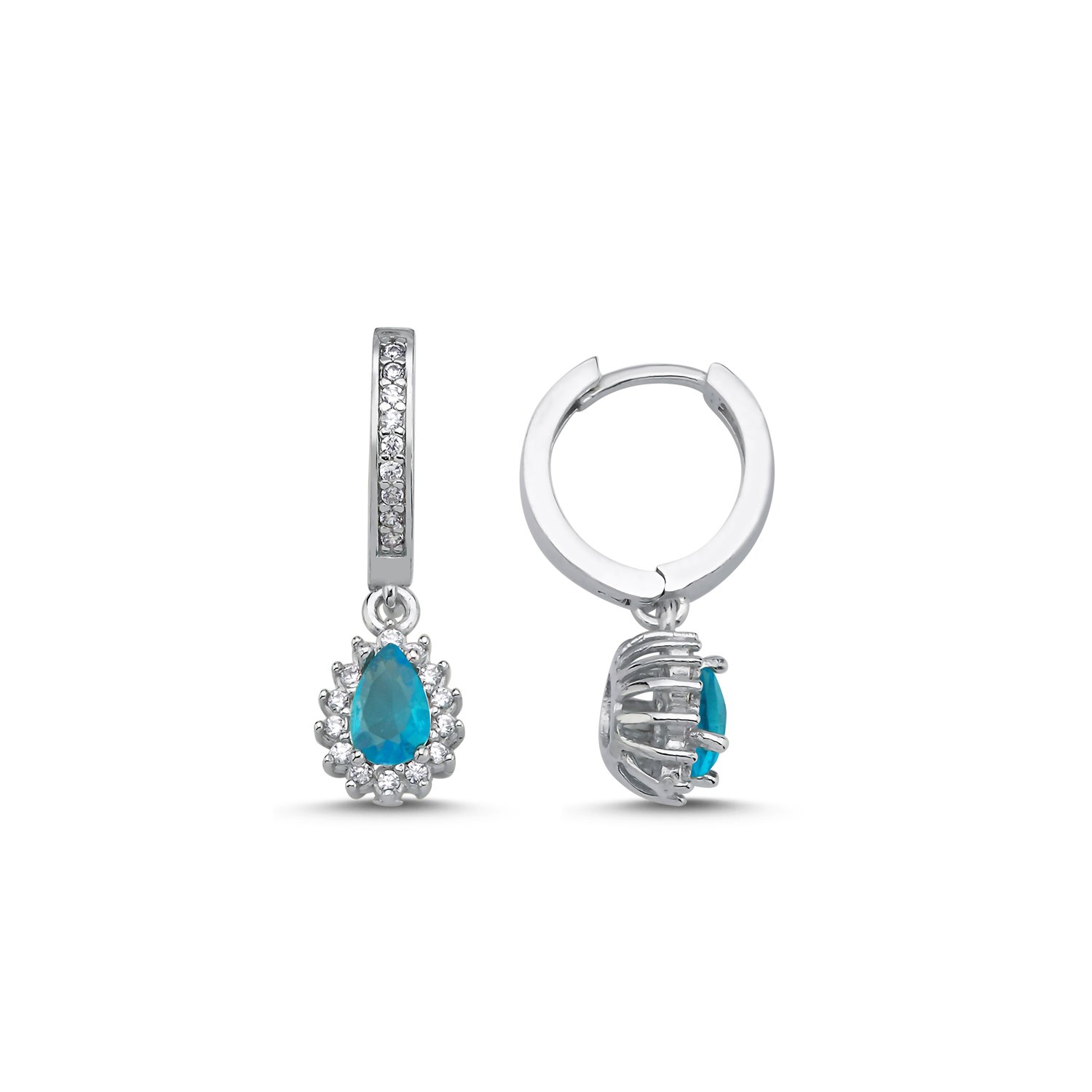 Aquamarine%20CZ%20Teardrop%20&%20Halo%20Huggie%20Hoop%20Earrings