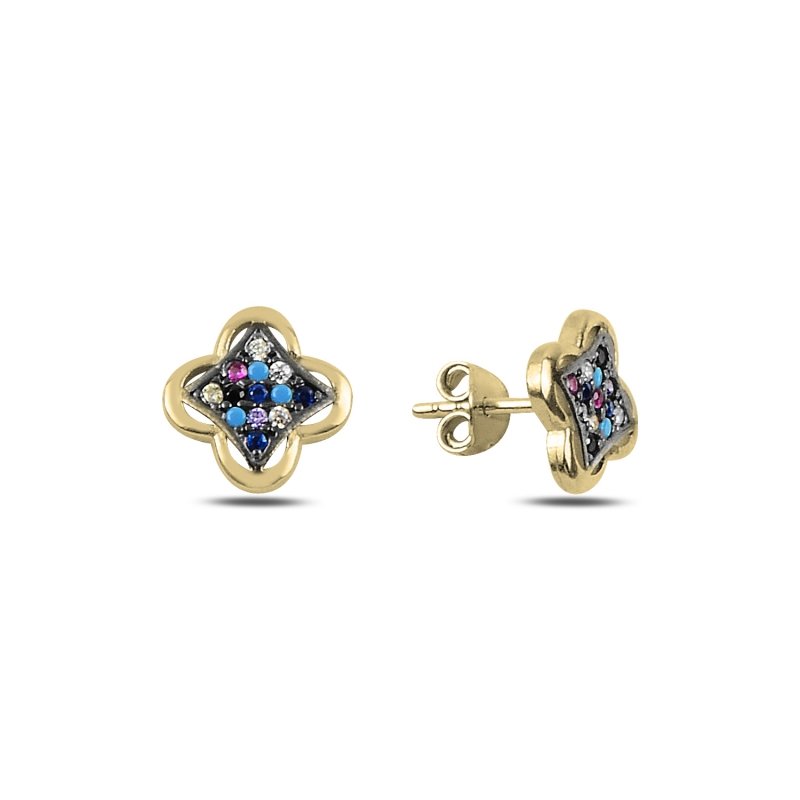 Quatrefoil%20Mix%20CZ%20Stud%20Earrings%20Gold%20Plated