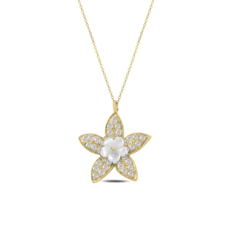 Flower%20Mother%20of%20Pearl%20&%20CZ%20Necklace-Gold%20Plated