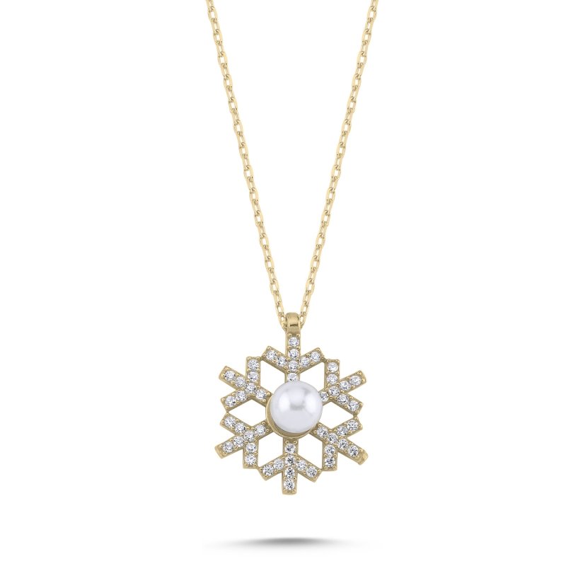 Snowflake%20&%20Pearl%20CZ%20Necklace-Gold%20Plated