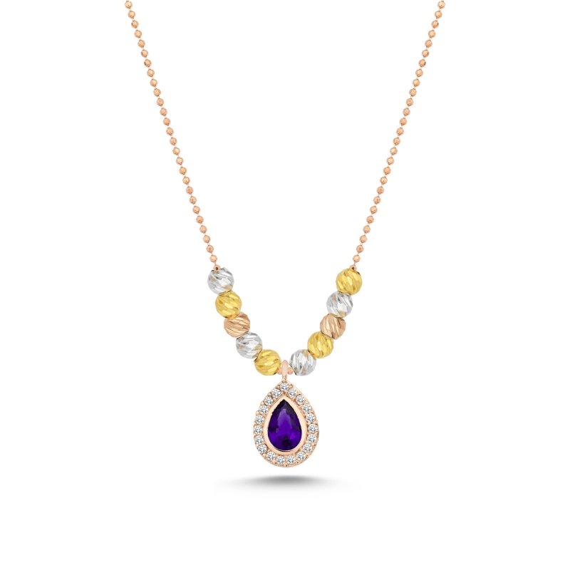 Diamond%20Cut%20Tricolor%20Ball%20&%20CZ%20Necklace-Rose%20Gold%20Plated