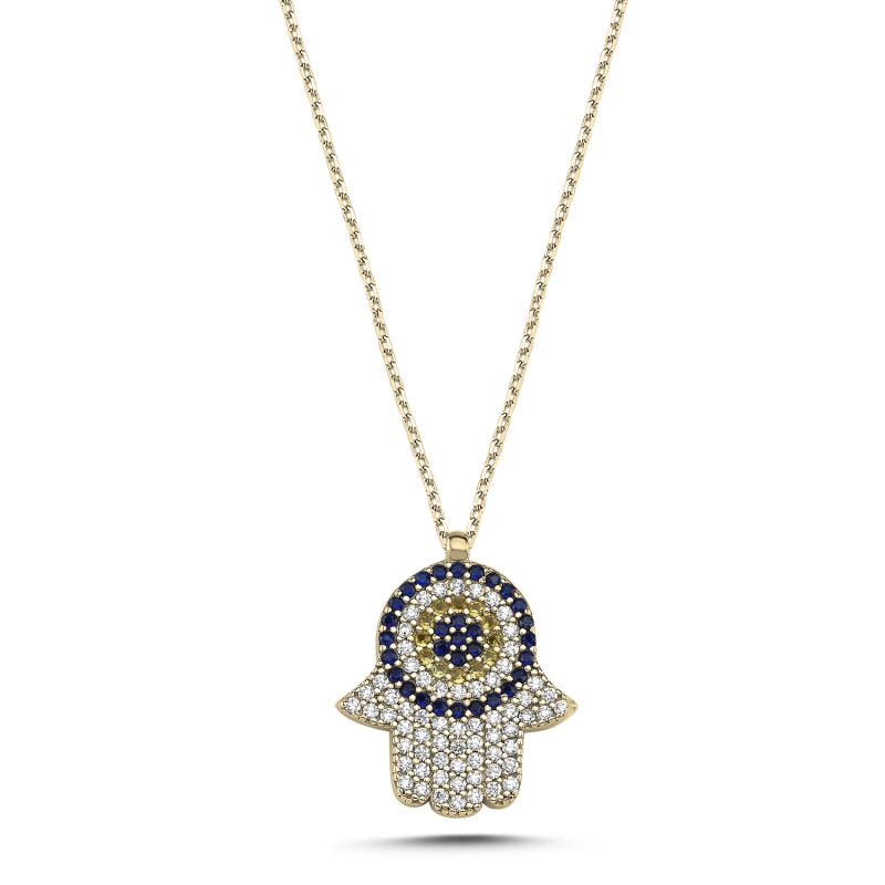 Hamsa%20&%20Nazar%20Zirkon%20Taşlı%20Kolye%20Altın%20Kaplama%20925%20Ayar%20Gümüş