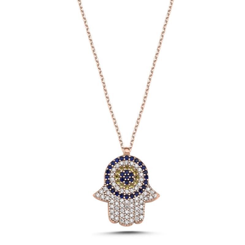 Hamsa%20&%20Nazar%20Zirkon%20Taşlı%20Kolye%20Rose%20%20Altın%20Kaplama%20925%20Ayar%20Gümüş