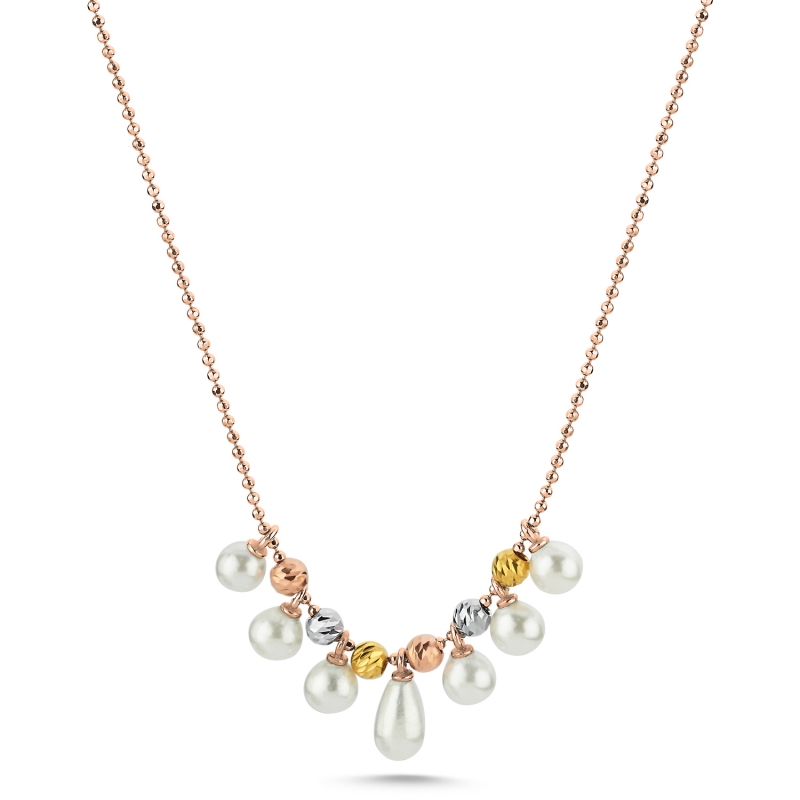 Diamond%20Cut%20Tricolor%20Ball%20&%20Pearl%20Necklace-Rose%20Gold%20Plated