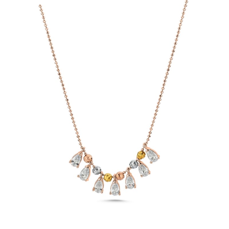 Diamond%20Cut%20Tricolor%20Ball%20&%20CZ%20Necklace-Rose%20Gold%20Plated