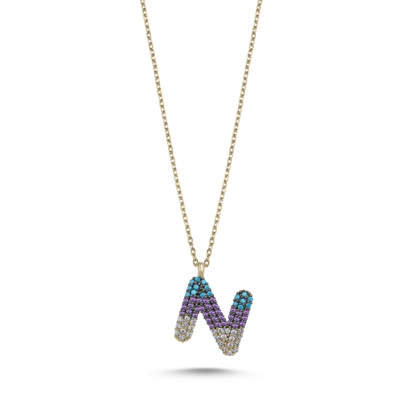 -N-%20Initial%20Colored%20CZ%20Necklace-Gold%20Plated