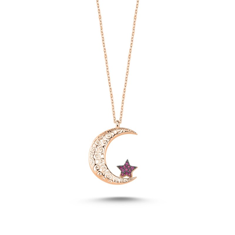 Ajour%20Design%20CZ%20Star%20and%20Crescent%20Necklace-Rose%20Gold%20Plated