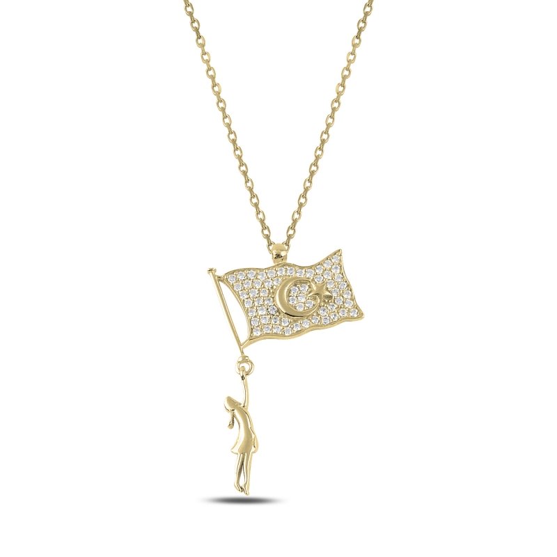 Girl%20with%20Flag%20of%20Turkey%20CZ%20Necklace-Altın%20kaplama