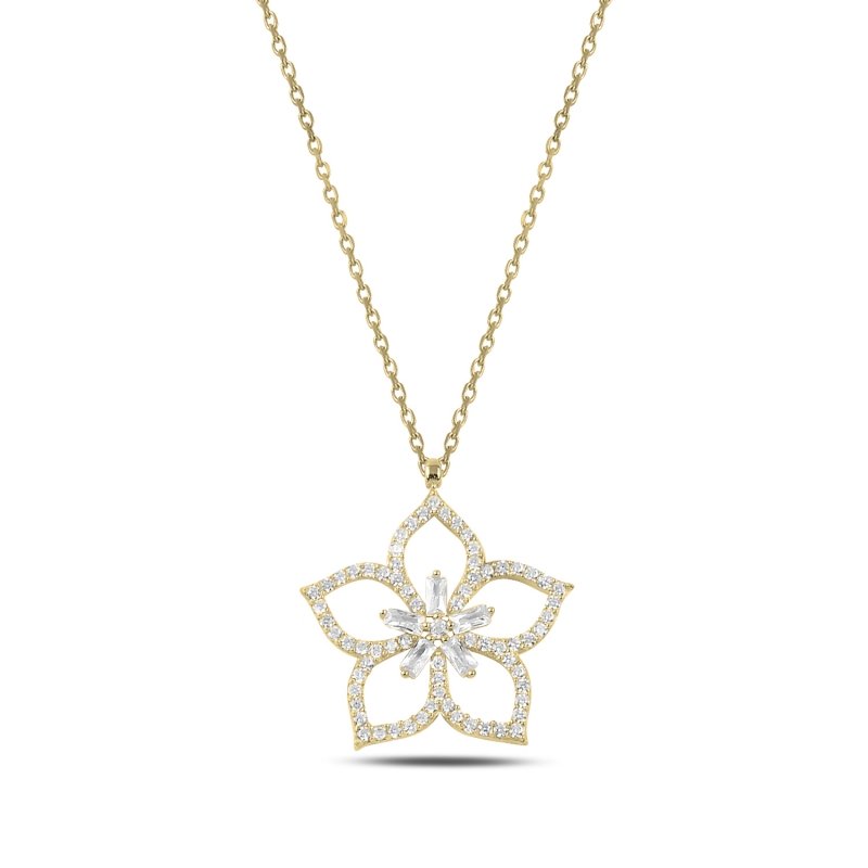 Flower%20Baguette%20&%20CZ%20Necklace-Gold%20Plated