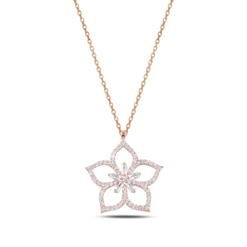 Flower%20Baguette%20&%20CZ%20Necklace-Rose%20Gold%20Plated