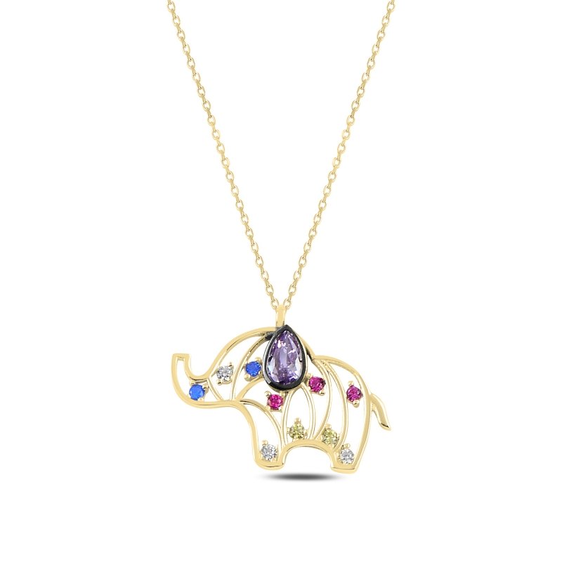 Elephant%20Colorful%20CZ%20Necklace-Gold%20Plated