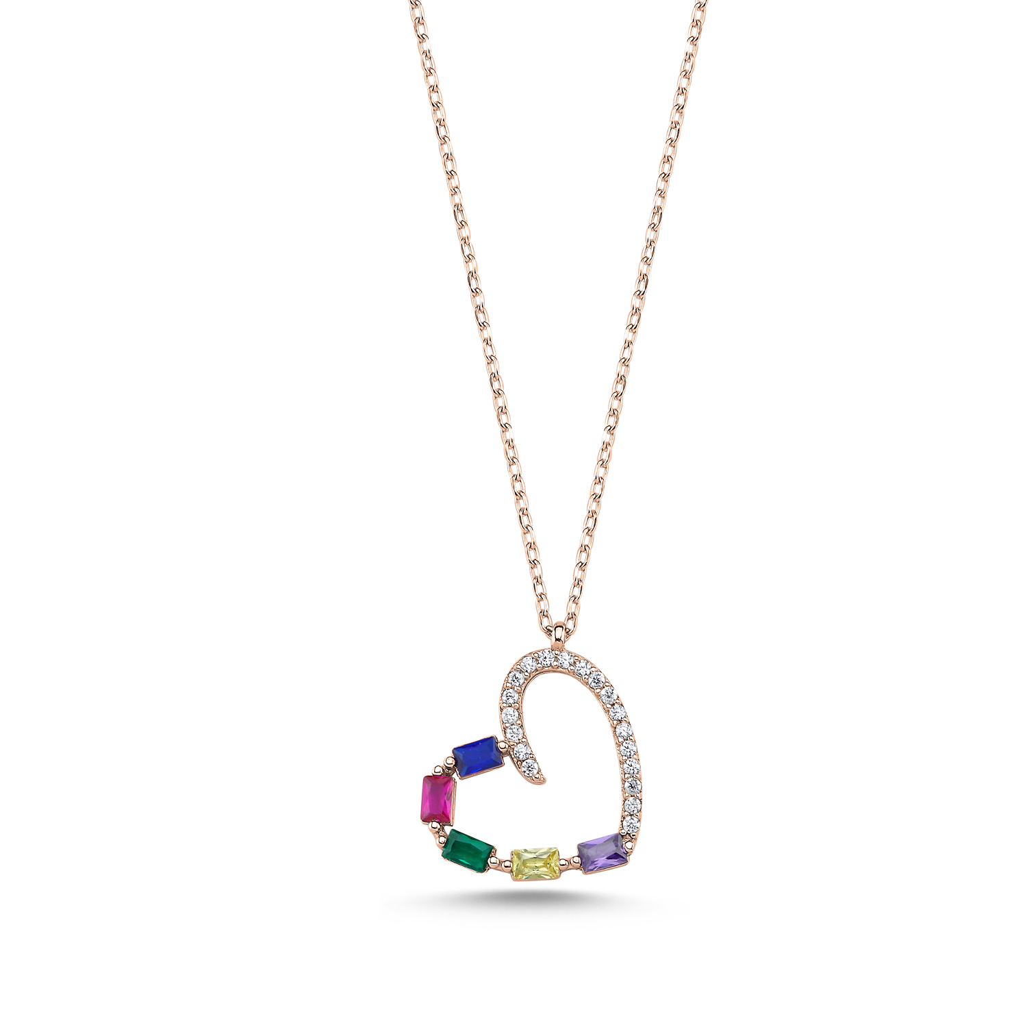 Heart%20Colorful%20Baguette%20CZ%20Necklace-Rose%20Gold%20Plated