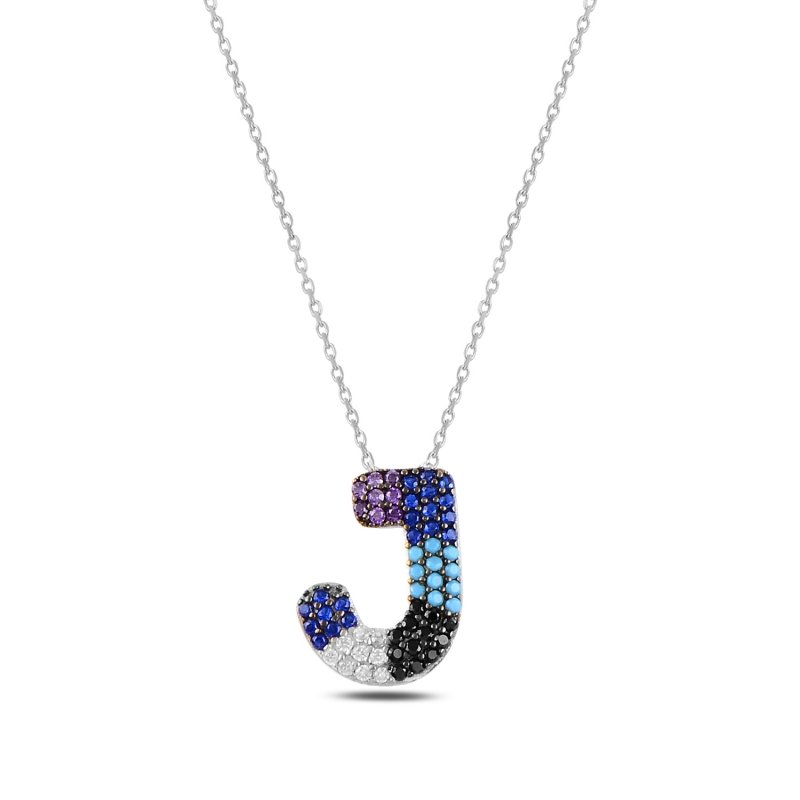 -J-%20Initial%20Multi%20Color%20CZ%20Necklace-Rodyum%20kaplama