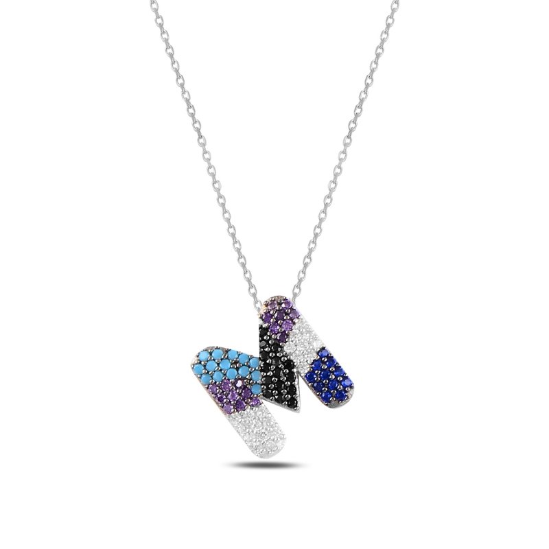 -M-%20Initial%20Multi%20Color%20CZ%20Necklace-Rodyum%20kaplama