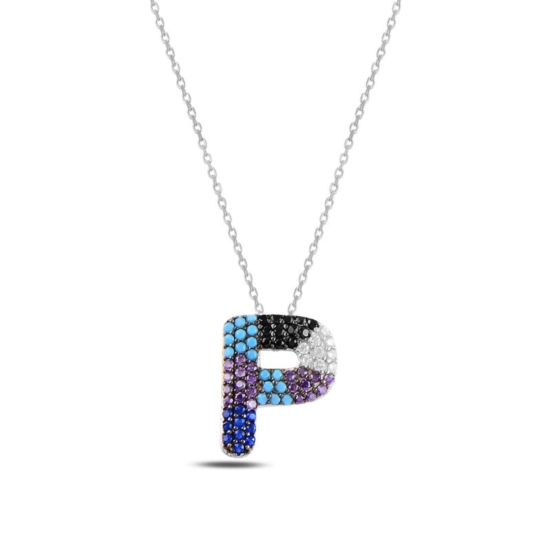 -P-%20Initial%20Multi%20Color%20CZ%20Necklace-Rodyum%20kaplama