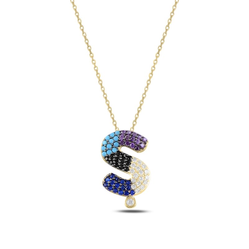 -Ş-%20Initial%20Multi%20Color%20CZ%20Necklace-Gold%20Plated