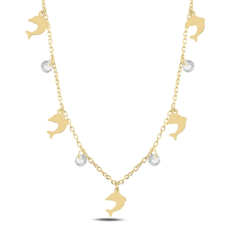 Dangle%20Dolphin%20&%20CZ%20Charm%20Necklace-Gold%20Plated