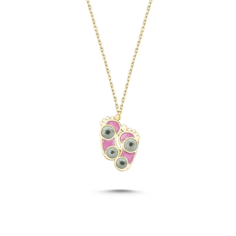 Footprint%20Shiny%20Pink%20Enamel%20Necklace-Gold%20Plated