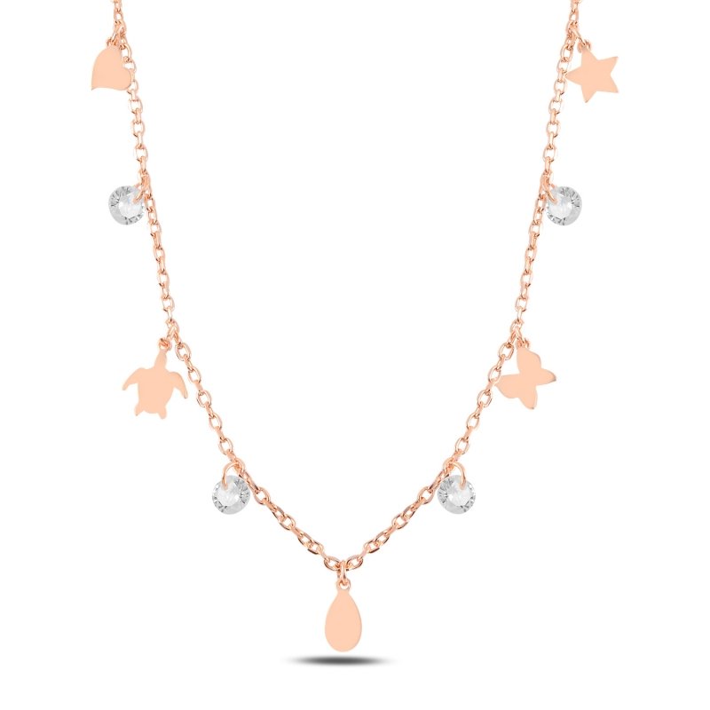 Dangle%20Assorted%20Shapes%20&%20CZ%20Charm%20Necklace-Rose%20Gold%20Plated