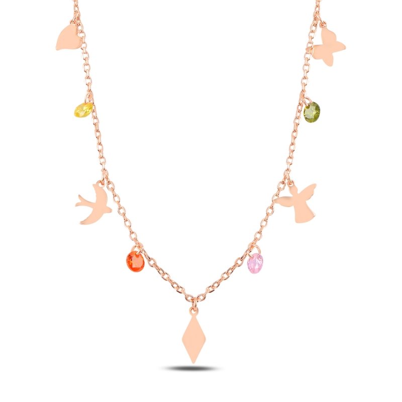 Dangle%20Assorted%20Shapes%20&%20Multi%20Color%20CZ%20Charm%20Necklace-Rose%20Gold%20Plated