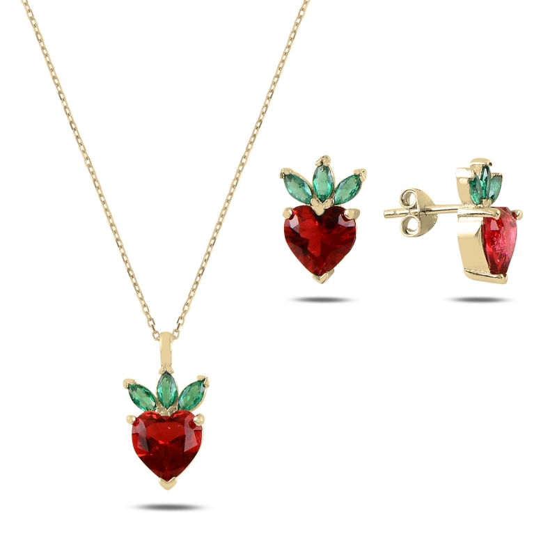 Strawberry%20&%20Heart%20CZ%20Set-Gold%20Plated