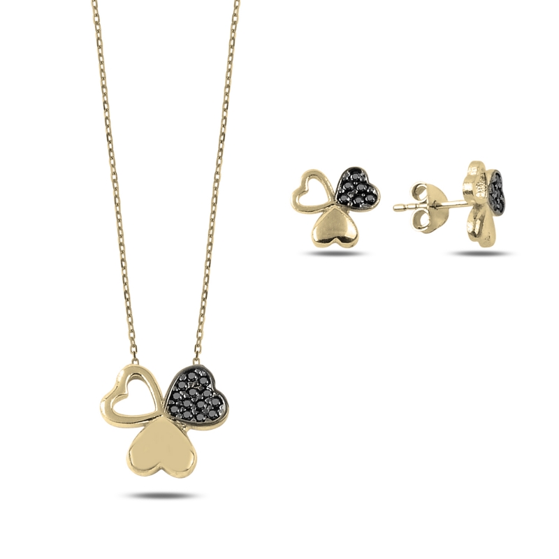 Hearts%20in%20Clover%20Black%20CZ%20Set-Gold%20Plated