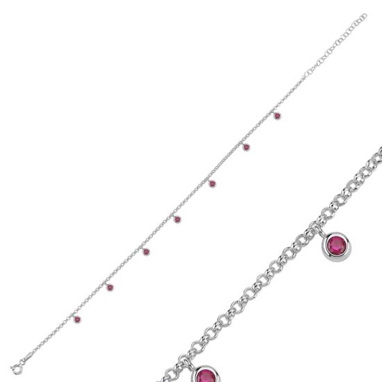 Wholesale Ruby CZ Dangle Rolo Chain Charm Anklet