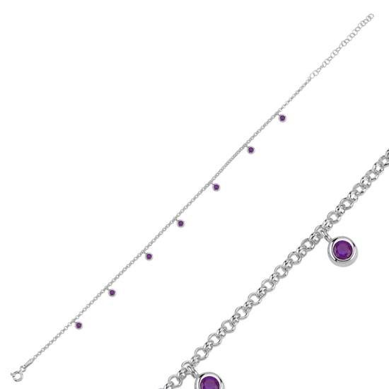 Wholesale Amethyst CZ Dangle Rolo Chain Charm Anklet