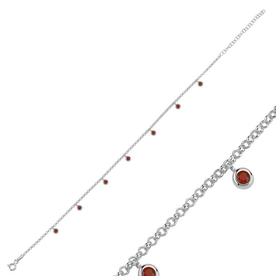 Wholesale Garnet CZ Dangle Rolo Chain Charm Anklet