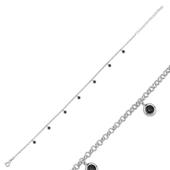 Wholesale Black CZ Dangle Rolo Chain Charm Anklet