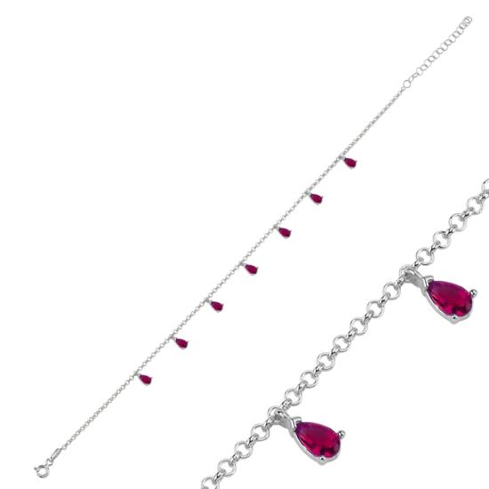 Wholesale Ruby CZ Dangle Rolo Chain Charm Anklet