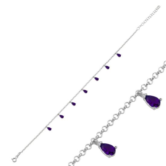 Wholesale Amethyst CZ Dangle Rolo Chain Charm Anklet