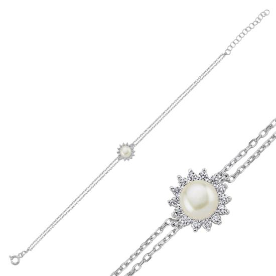 Wholesale Halo Solitaire Pearl & CZ Bracelet