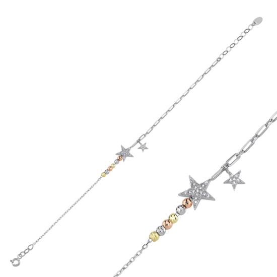 Wholesale Diamond Cut Tricolor Ball & Star CZ Bracelet