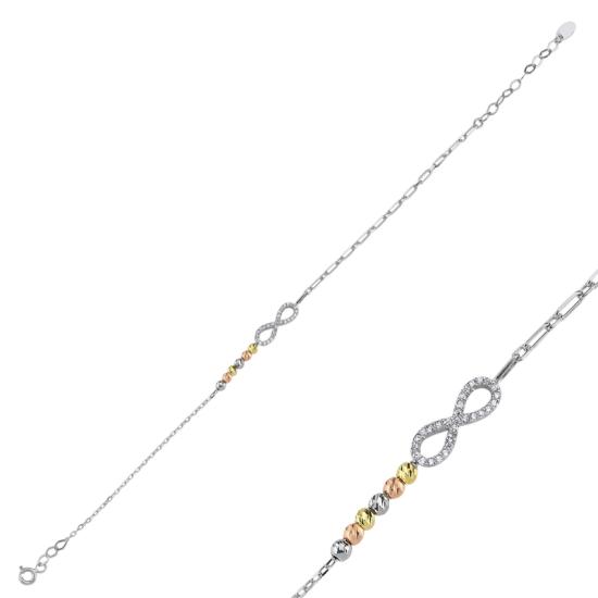 Wholesale Diamond Cut Tricolor Ball & Infinity CZ Bracelet